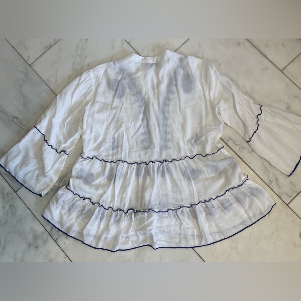 Camomilla, women’s 16 or XL, boho embroidered bell sleeve blouse, blue and white - Picture 6 of 6